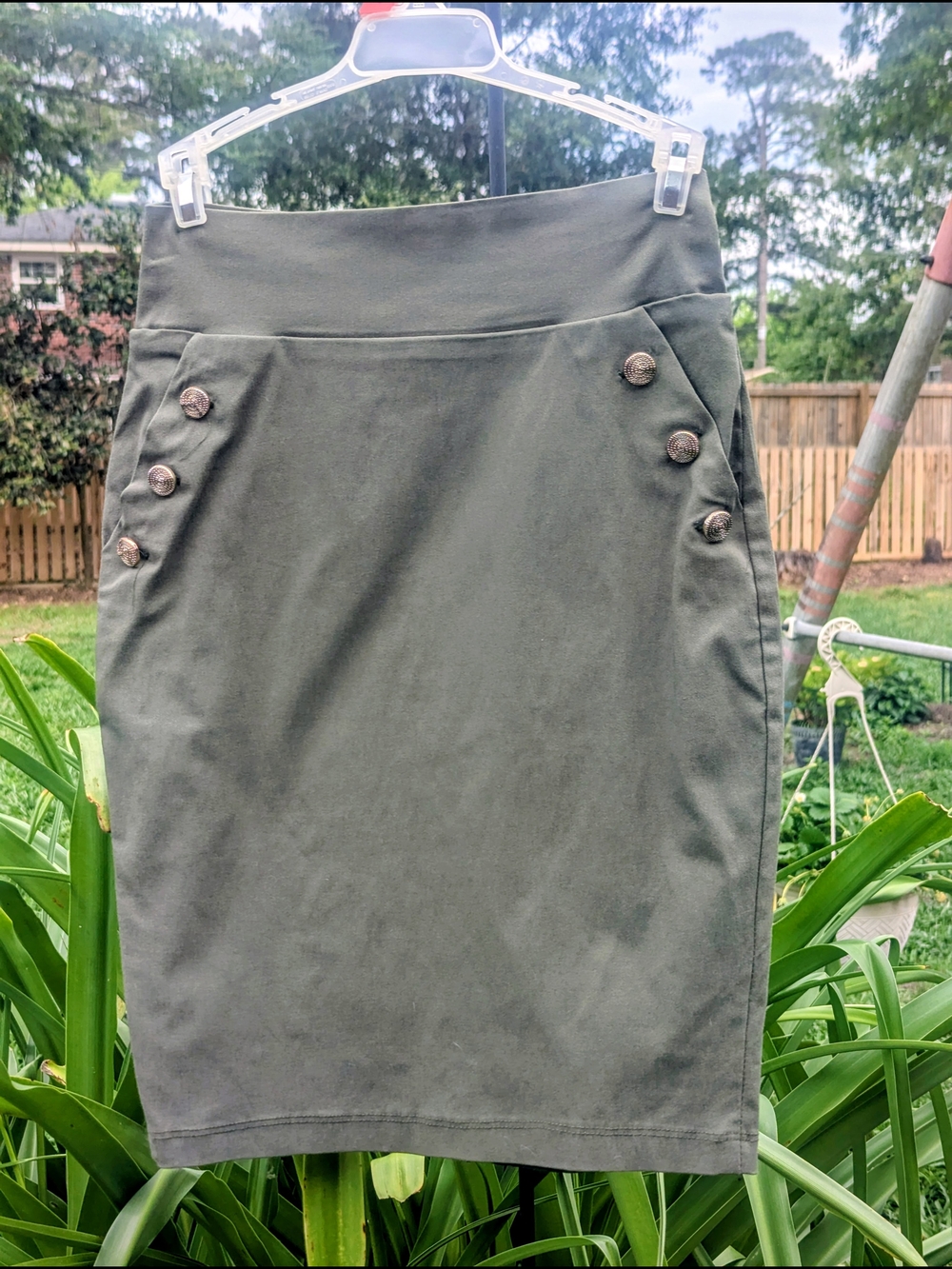 Windsor Olive Green High-Waist Pencil Skirt with Button Accents